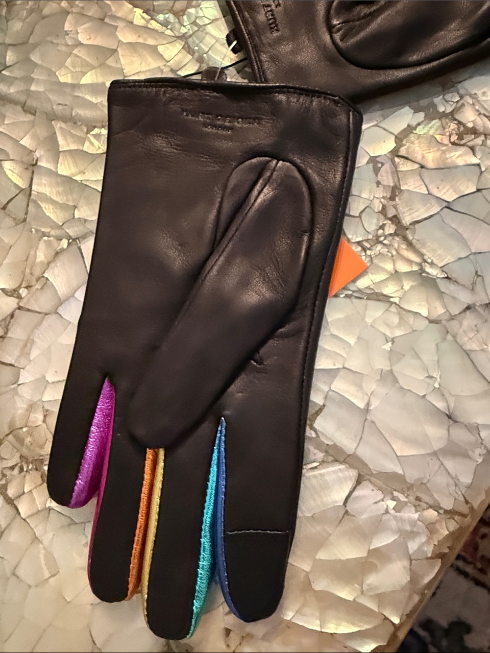 Kurt Geiger Black Leather Gloves with Multicolor Finger Panels -Medium